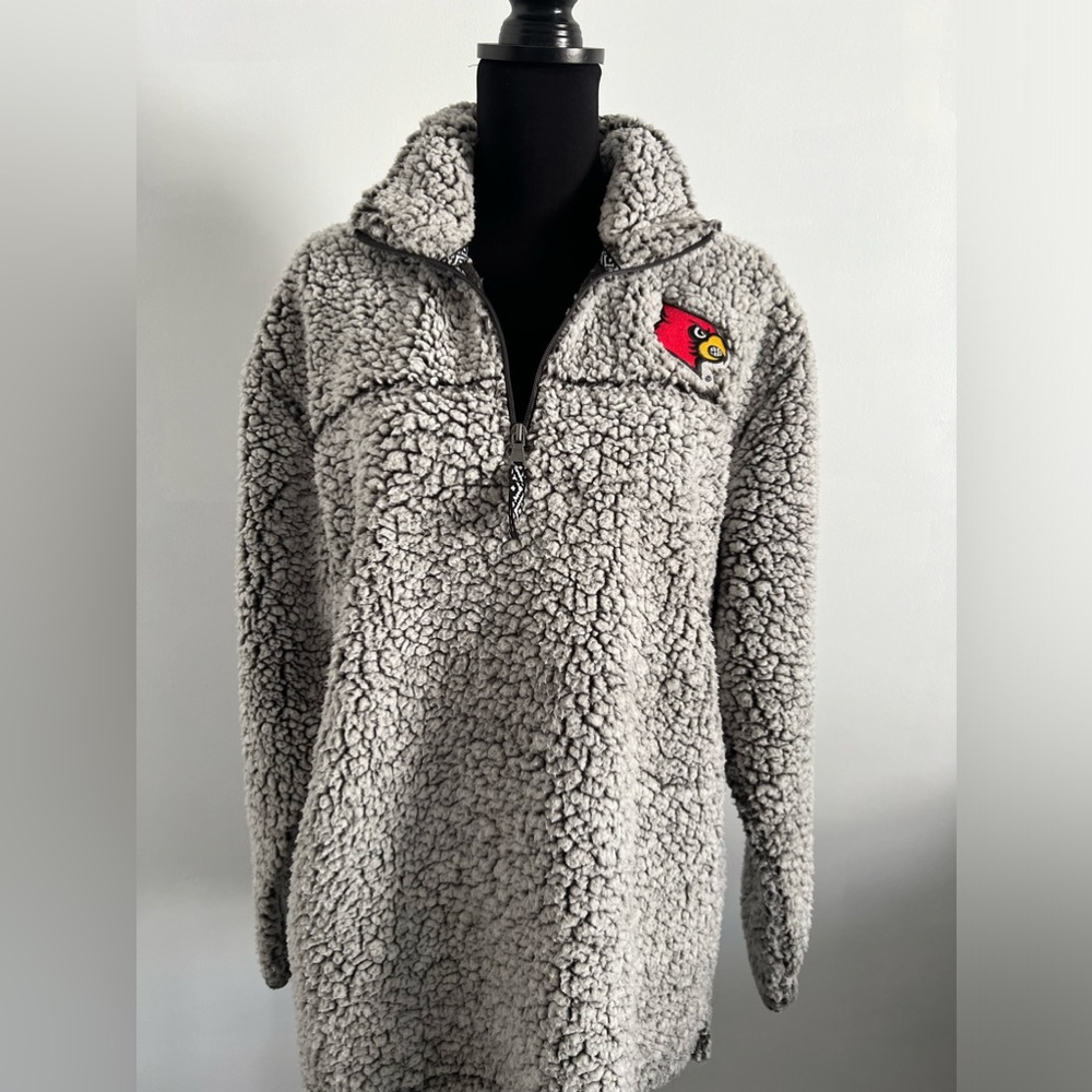 Women's Gray Louisville Cardinals Sherpa Super Soft Quarter Zip Pullover Jacket